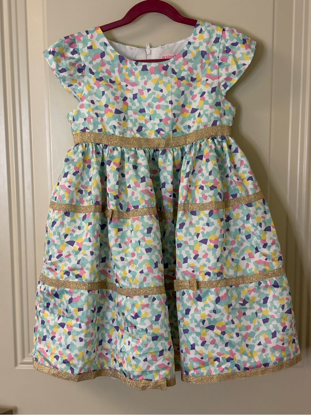 NWOT American Girl “Bitty Baby” Pastel Confetti Dress with Gold Trim SZ 6 $98